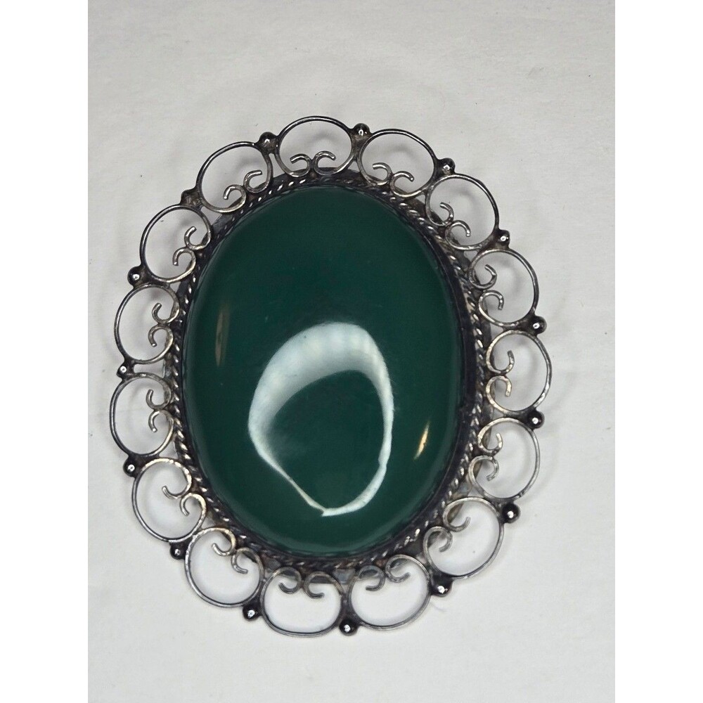 Vintage Sterling Silver Brooch Pendant Combination Green Onyx with Filigree